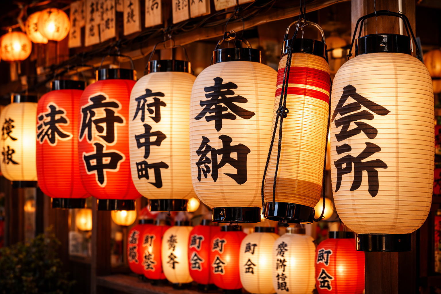 さまざまな種類の提灯が並ぶ風景