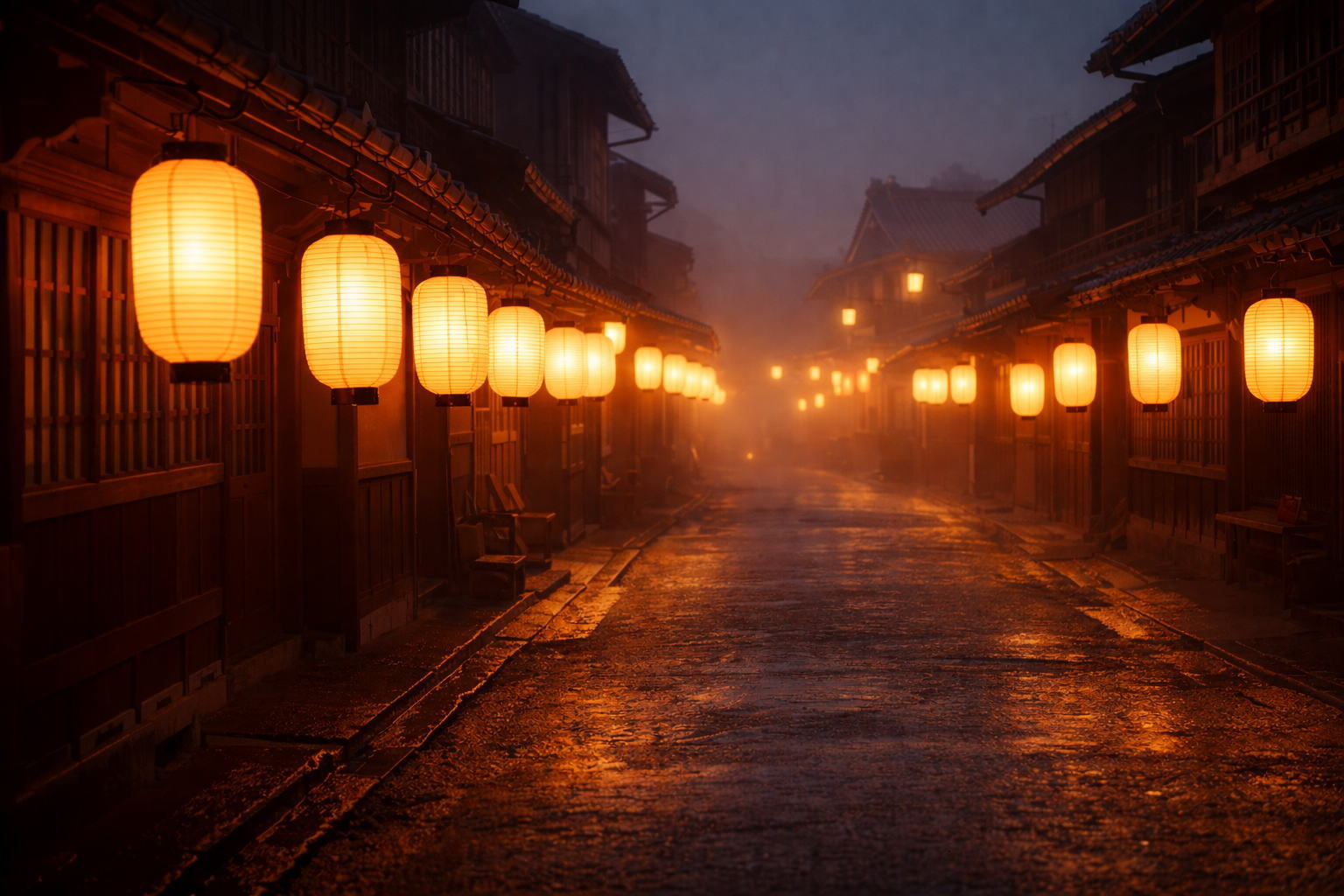 江戸時代の町並みに灯る提灯の風景