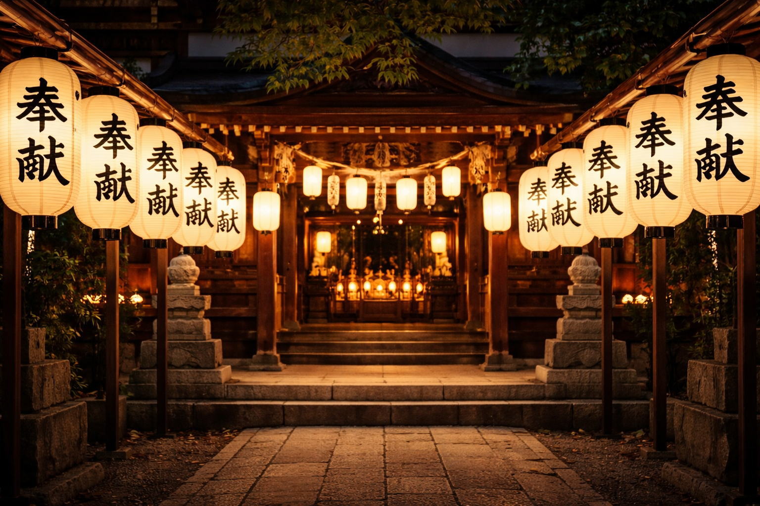 神社の社殿の左右に並ぶ奉献提灯の風景